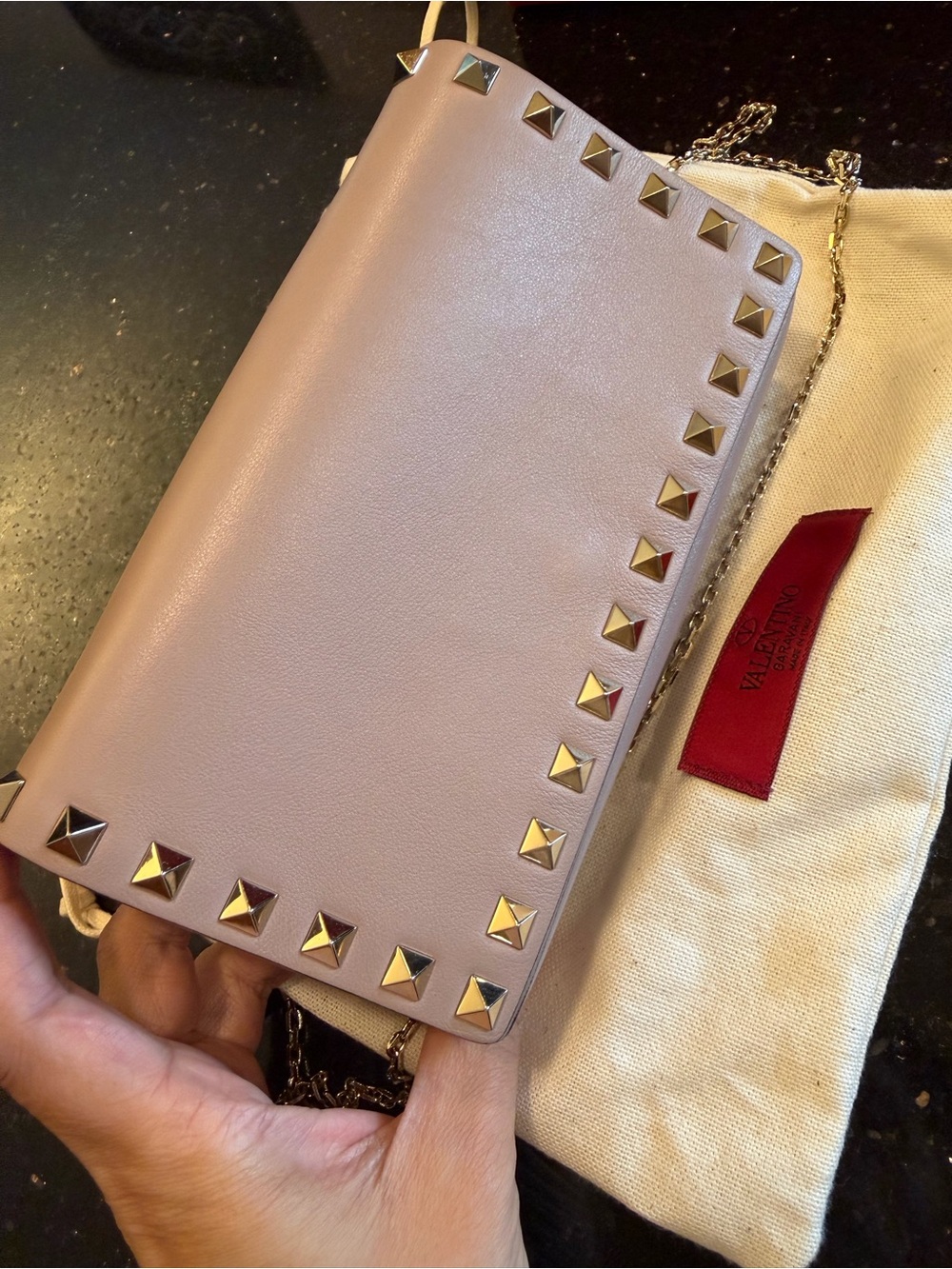 Valentino Mini Rockstud Leather Crossbody in Pale Pink with Gold Studs